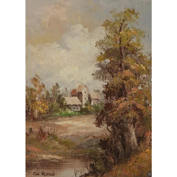 Oil Painting of Rural Pond and Distant Cottages, Mid-Late 20th Century - Picture 4 of 7